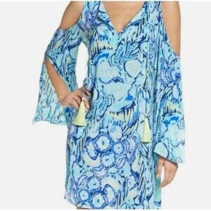 Lilly Pulitzer Benicia Tunic Cold Shoulder Tassel Dress Blue Small